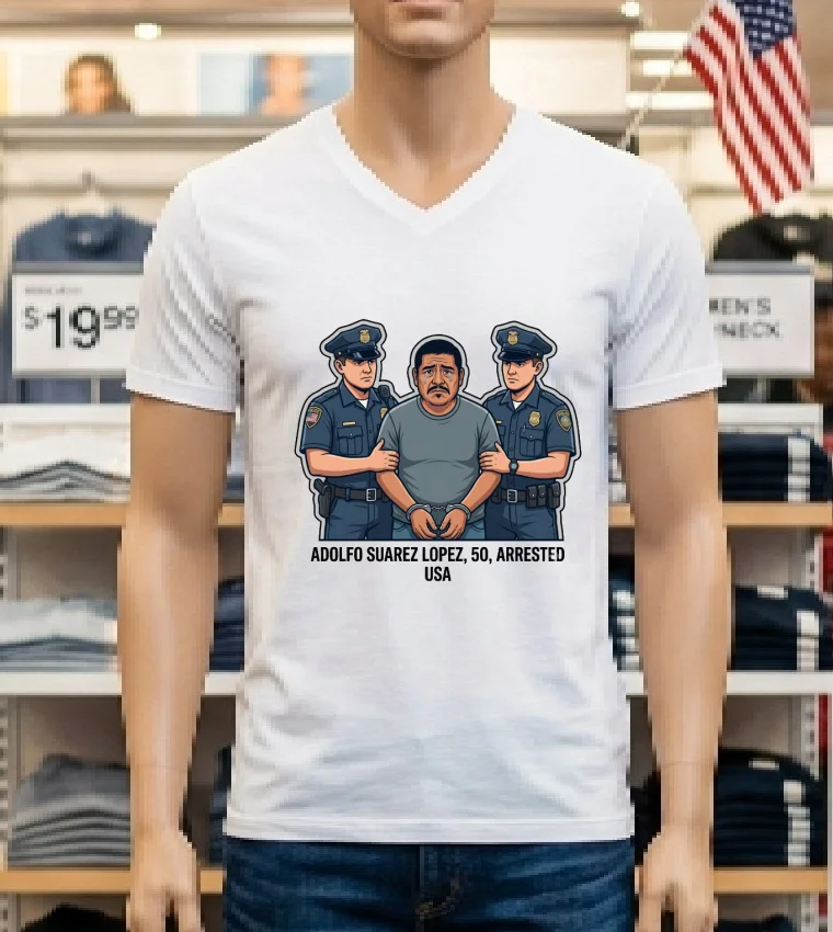 Adolfo Suarez Lopez, 50, Arrested By Police T Shirt - white-t-shirt Adolfo Suarez Lopez 50 Arrested By Police T Shirt White T Shirt 1