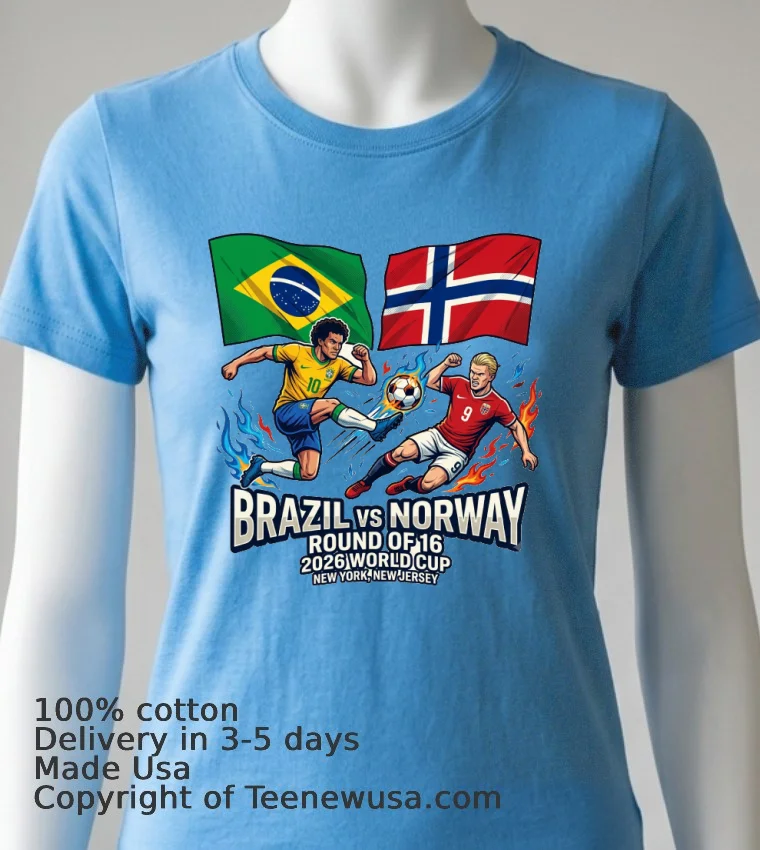 Brazil Vs Norway In The Round Of 16 Of The 2026 World Cup In New York, New Jersey T Shirt - blue-shirt Brazil Vs Norway In The Round Of 16 Of The 2026 World Cup In New York New Jersey T Shirt Blue Shirt