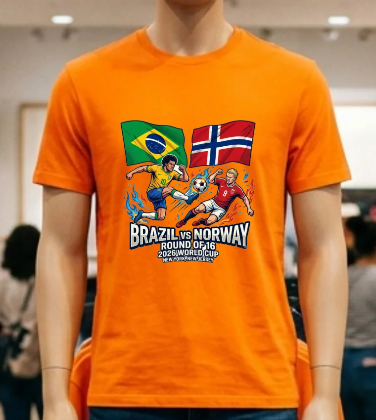 Brazil Vs Norway In The Round Of 16 Of The 2026 World Cup In New York, New Jersey T Shirt - orange-shirt Brazil Vs Norway In The Round Of 16 Of The 2026 World Cup In New York New Jersey T Shirt Orange Shirt