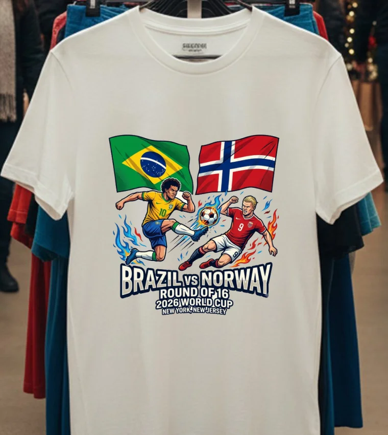 Brazil Vs Norway In The Round Of 16 Of The 2026 World Cup In New York, New Jersey T Shirt - white-t-shirt Brazil Vs Norway In The Round Of 16 Of The 2026 World Cup In New York New Jersey T Shirt White T Shirt
