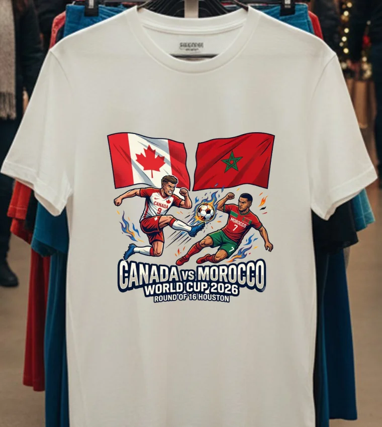 Canada Vs Morocco In The Round Of 16 Of The 2026 World Cup In Houston T Shirt - white-t-shirt Canada Vs Morocco In The Round Of 16 Of The 2026 World Cup In Houston T Shirt White T Shirt