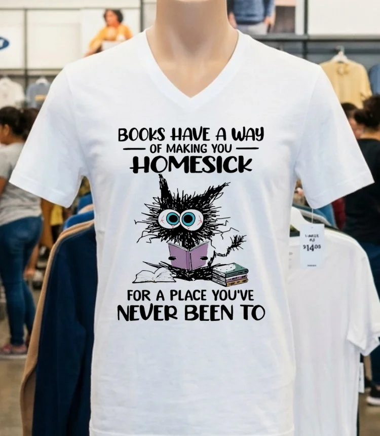 Cat Books Have A Way Of Making You Homesick Shirt - white-t-shirt Cat Books Have A Way Of Making You Homesick Shirt White T Shirt 1
