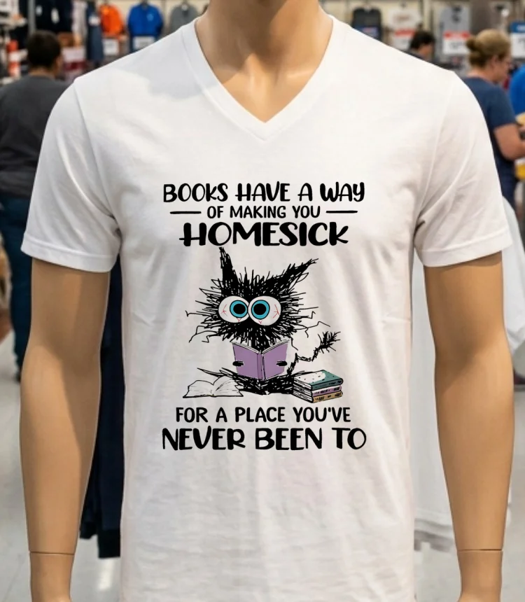 Cat Books Have A Way Of Making You Homesick Shirt - white-t-shirt Cat Books Have A Way Of Making You Homesick Shirt White T Shirt 2