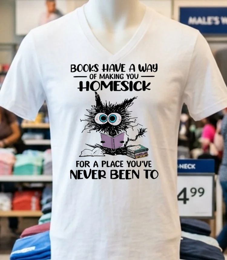 Cat Books Have A Way Of Making You Homesick Shirt - white-t-shirt Cat Books Have A Way Of Making You Homesick Shirt White T Shirt