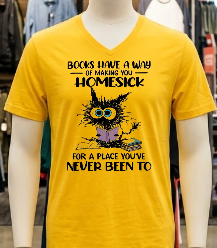 Cat Books Have A Way Of Making You Homesick Shirt - yellow-t-shirt Cat Books Have A Way Of Making You Homesick Shirt Yellow T Shirt