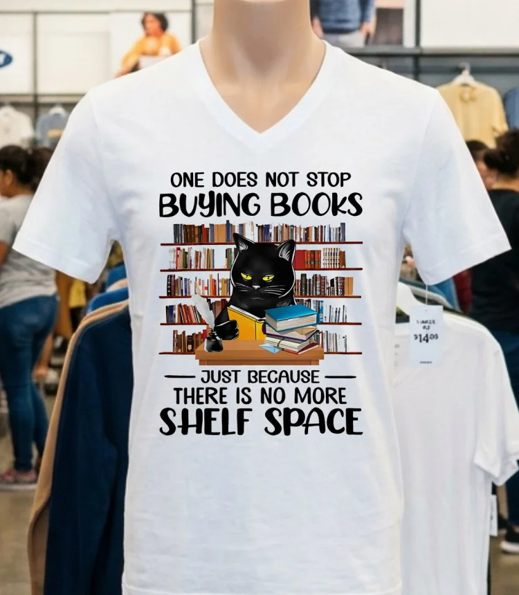 Cat One Does Not Stop Buying Books Shirt - white-t-shirt Cat One Does Not Stop Buying Books Shirt White T Shirt 1