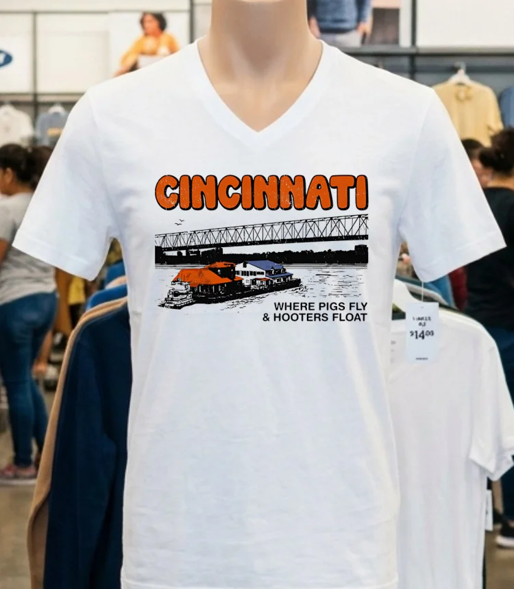 Cincinnati Where Pigs Fly And Hooters Float Vintage Shirt - white-t-shirt Cincinnati Where Pigs Fly And Hooters Float Vintage Shirt White T Shirt 1