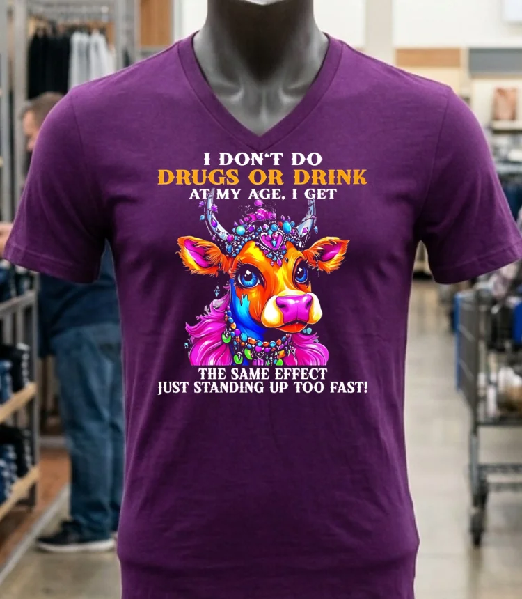 Cow I Dont Do Drugs Or Drink At My Age I Get The Same Effect Just Standing Up Too Fast Shirt Purple Shirt