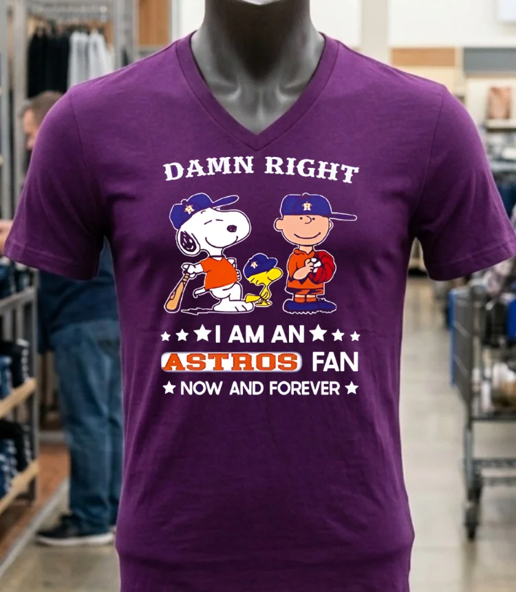 Damn Right I Am A Astros Fan Now And Forever Snoopy And Charlie Brown Shirt Purple Shirt