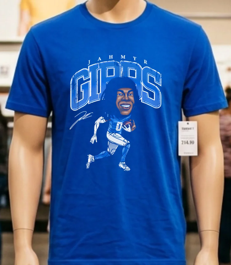 Detroit Lions Jahmyr Gibbs Cartoon Signature Shirt - blue-shirt Detroit Lions Jahmyr Gibbs Cartoon Signature Shirt Blue Shirt
