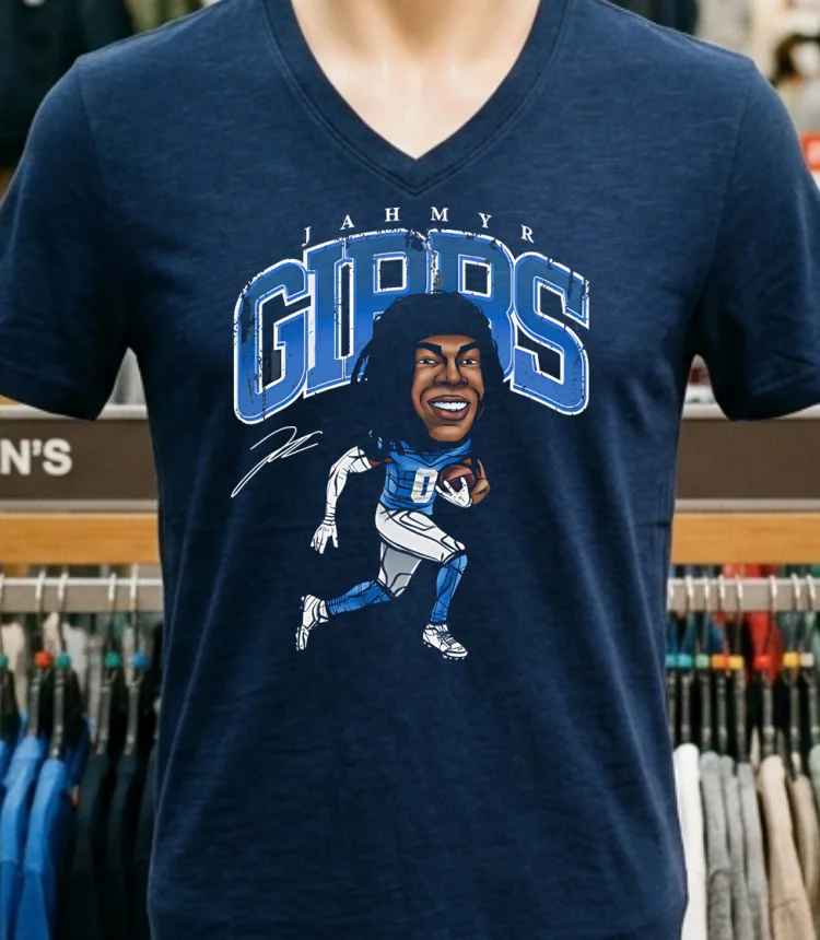 Detroit Lions Jahmyr Gibbs Cartoon Signature Shirt Navy Shirt 1