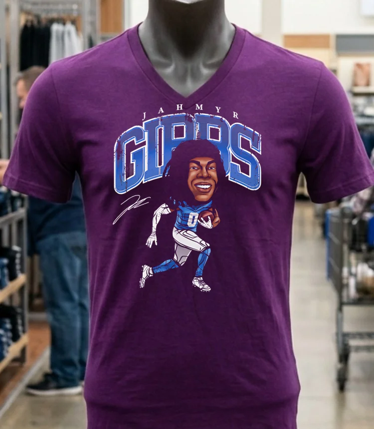 Detroit Lions Jahmyr Gibbs Cartoon Signature Shirt - purple-shirt Detroit Lions Jahmyr Gibbs Cartoon Signature Shirt Purple Shirt 1