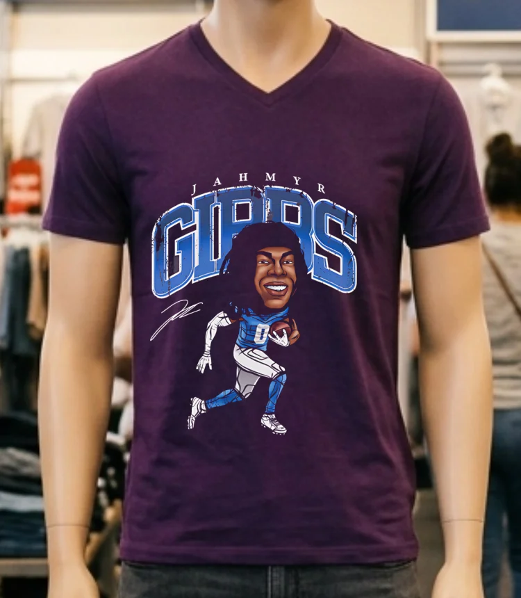 Detroit Lions Jahmyr Gibbs Cartoon Signature Shirt - purple-shirt Detroit Lions Jahmyr Gibbs Cartoon Signature Shirt Purple Shirt