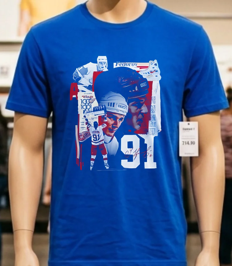 Detroit Red Wings X Sergei Fedorov Signature Red Shirt - blue-shirt Detroit Red Wings X Sergei Fedorov Signature Red Shirt Blue Shirt