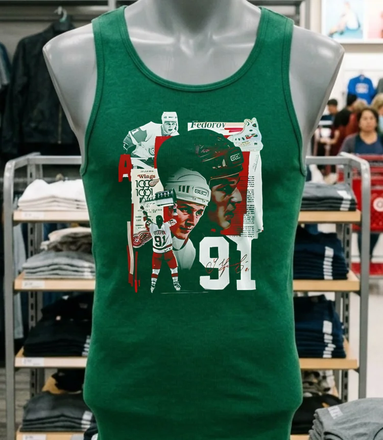 Detroit Red Wings X Sergei Fedorov Signature Red Shirt - green-shirt Detroit Red Wings X Sergei Fedorov Signature Red Shirt Green Shirt