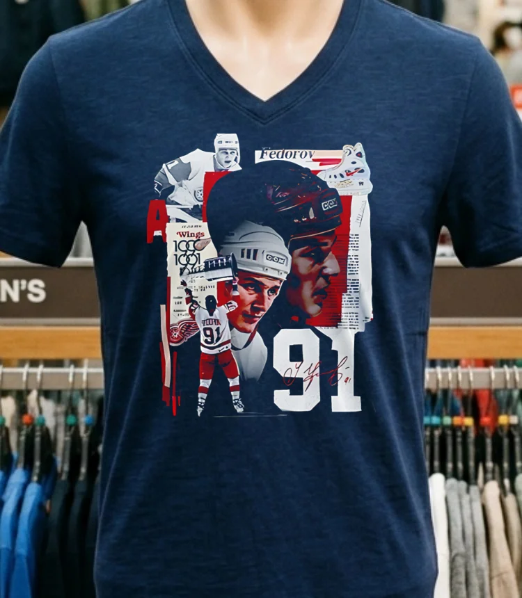Detroit Red Wings X Sergei Fedorov Signature Red Shirt Navy Shirt 1