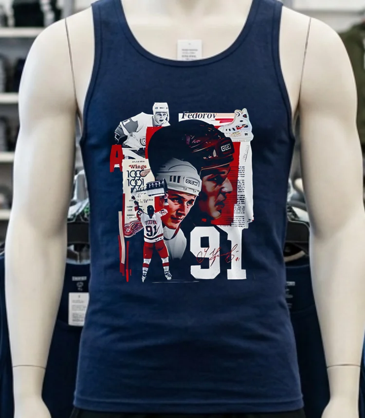 Detroit Red Wings X Sergei Fedorov Signature Red Shirt Navy Shirt
