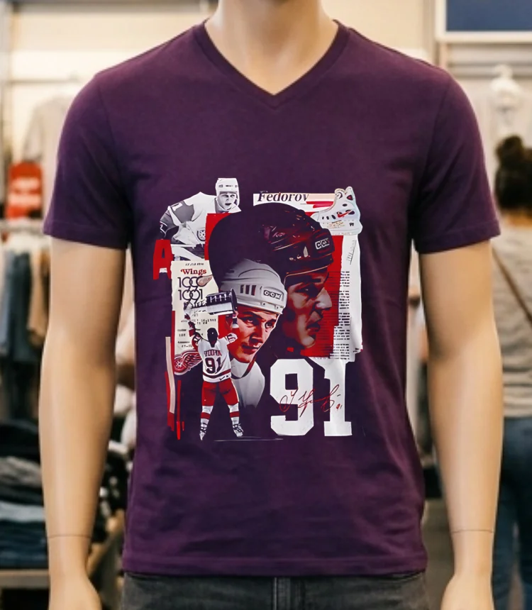 Detroit Red Wings X Sergei Fedorov Signature Red Shirt - purple-shirt Detroit Red Wings X Sergei Fedorov Signature Red Shirt Purple Shirt