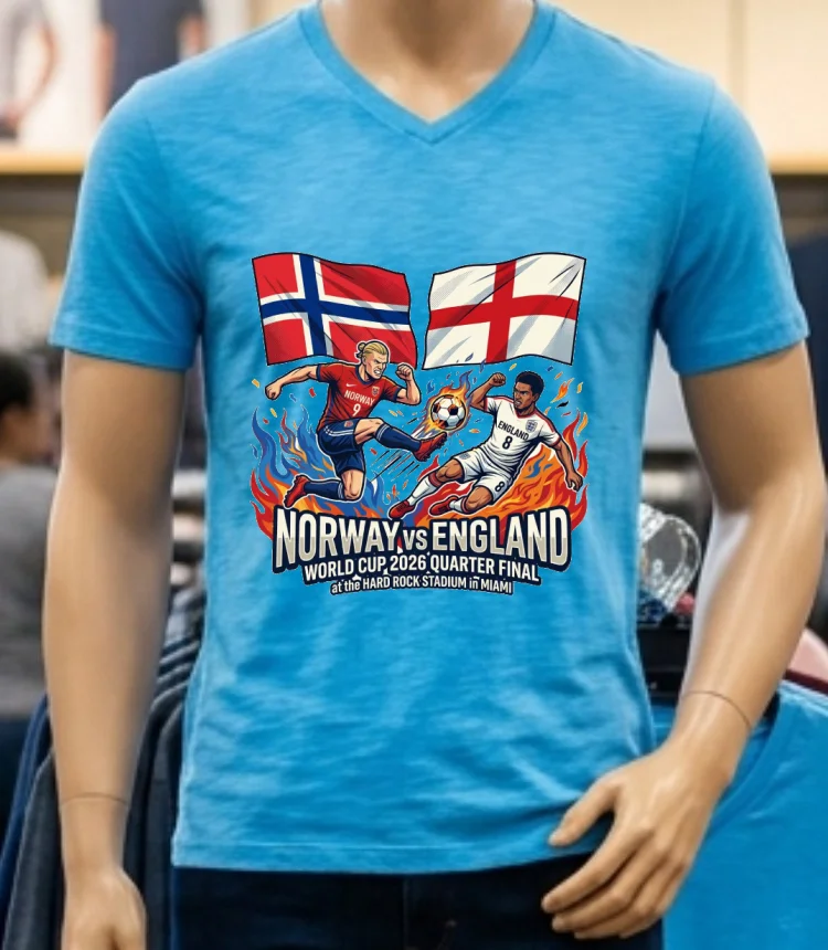 England Vs Norway In The Quarter Finals Of The Fifa World Cup 2026 At The Hard Rock Stadium In Miami T Shirt - blue-shirt England Vs Norway In The Quarter Finals Of The Fifa World Cup 2026 At The Hard Rock Stadium In Miami T Shirt Blue Shirt
