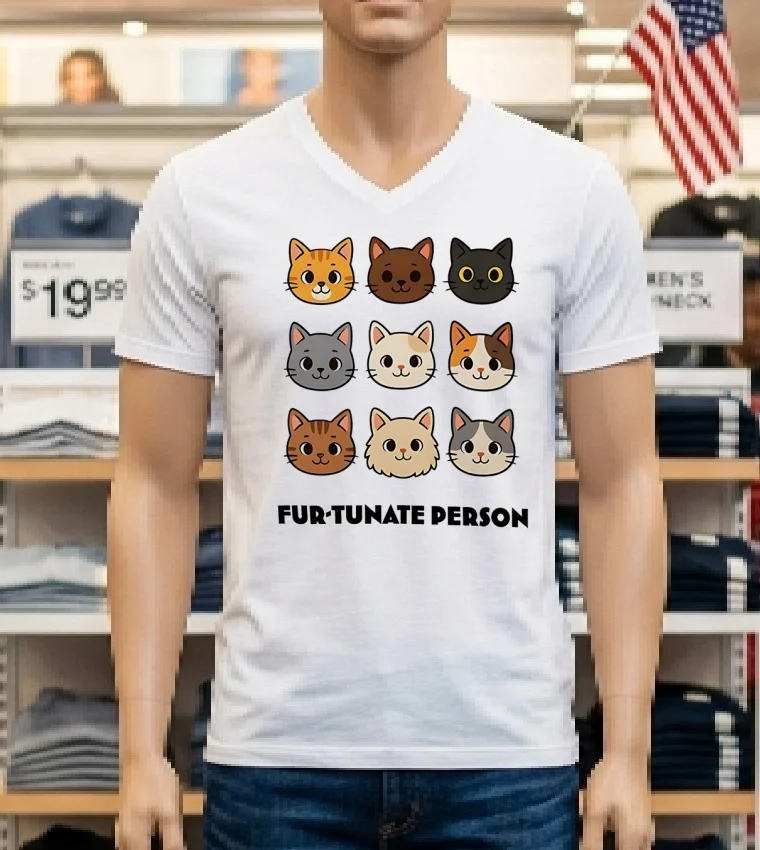 Fur Tunate Person Funny Cat Lover Cartoon Shirt - white-t-shirt Fur Tunate Person Funny Cat Lover Cartoon Shirt White T Shirt 1