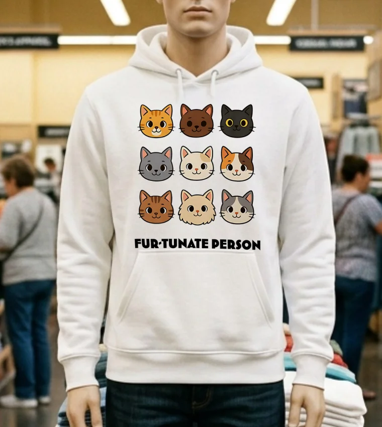 Fur Tunate Person Funny Cat Lover Cartoon Shirt - white-t-shirt Fur Tunate Person Funny Cat Lover Cartoon Shirt White T Shirt 2