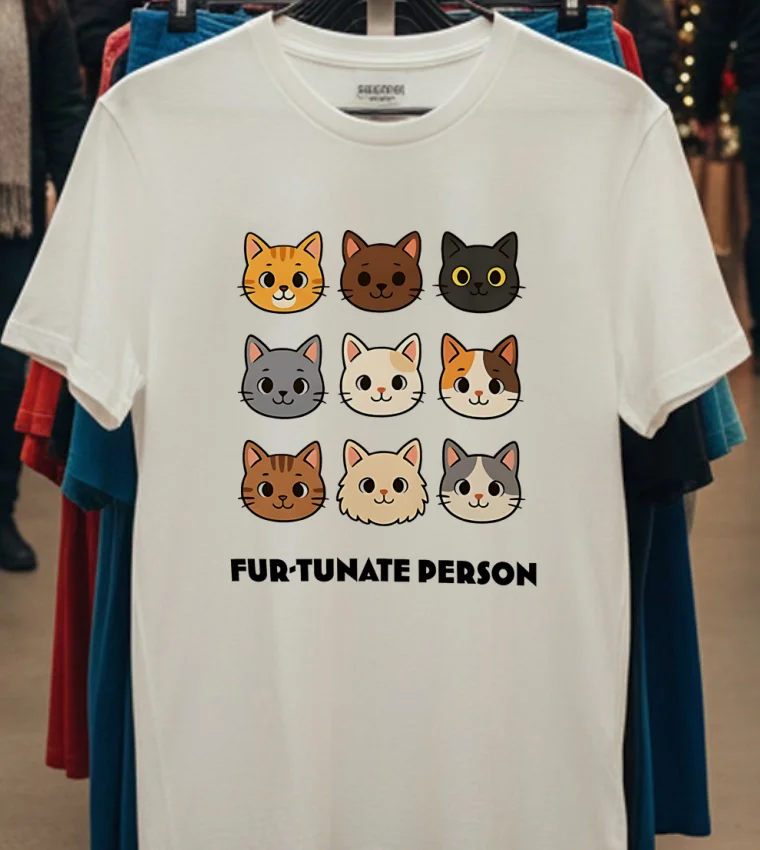 Fur Tunate Person Funny Cat Lover Cartoon Shirt - white-t-shirt Fur Tunate Person Funny Cat Lover Cartoon Shirt White T Shirt
