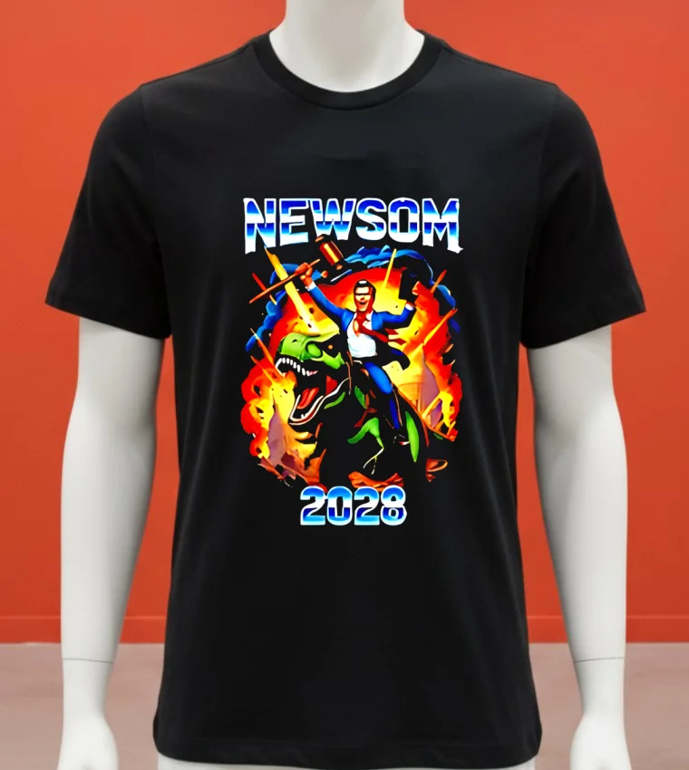 Gavin Newsom Ride A Dinosaur 2028 Shirt Balck Shirt 1