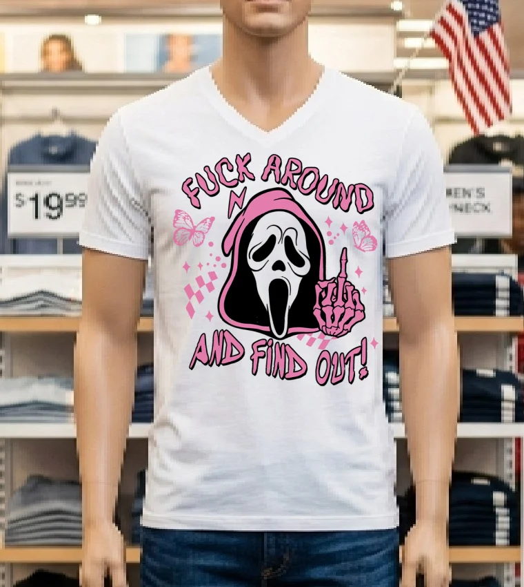 Ghostface Fuck Around And Find Out Horror Pink Halloween Shirt - white-t-shirt Ghostface Fuck Around And Find Out Horror Pink Halloween Shirt White T Shirt 1