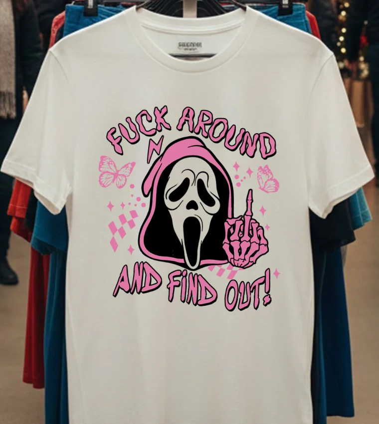 Ghostface Fuck Around And Find Out Horror Pink Halloween Shirt - white-t-shirt Ghostface Fuck Around And Find Out Horror Pink Halloween Shirt White T Shirt