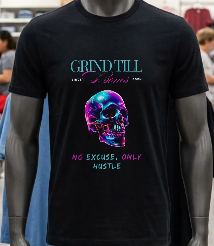 Grind Till Bones No Excuses Only Hustle Regular Skull Shirt - balck-shirt Grind Till Bones No Excuses Only Hustle Regular Skull Shirt Balck Shirt 1