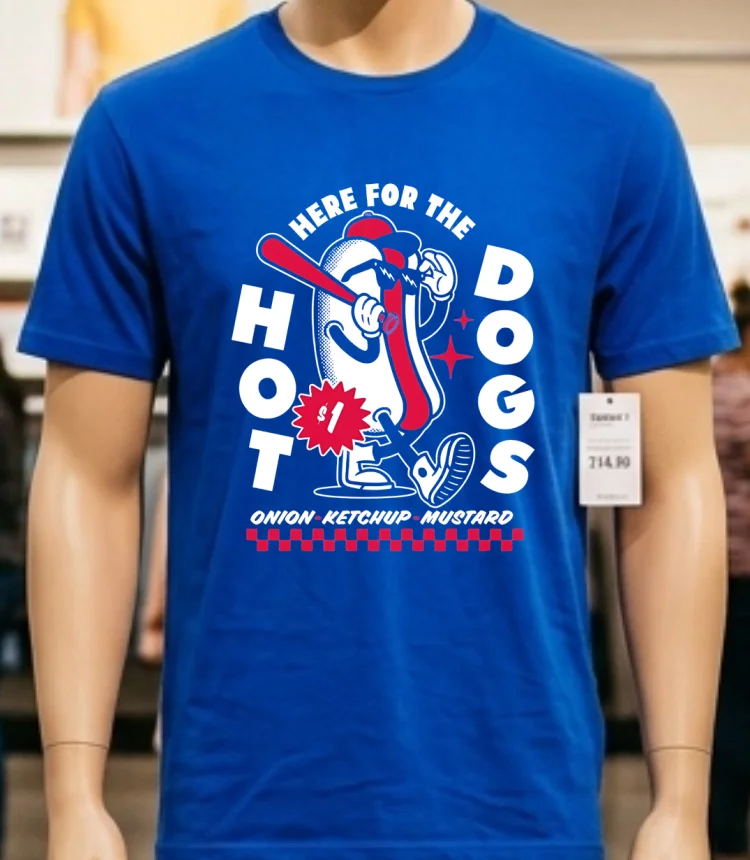 Here For The Dogs Hot Dog Mascot Onion Ketchup Mustard Shirt - blue-shirt Here For The Dogs Hot Dog Mascot Onion Ketchup Mustard Shirt Blue Shirt 1