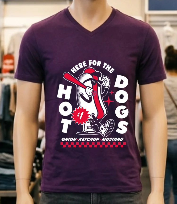 Here For The Dogs Hot Dog Mascot Onion Ketchup Mustard Shirt - purple-shirt Here For The Dogs Hot Dog Mascot Onion Ketchup Mustard Shirt Purple Shirt