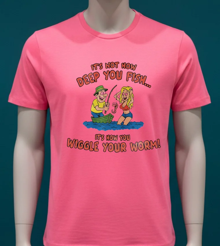 It’s Not How Deep You Fish It’s Now You Wiggle Your Worm Graphic Meme Shirt - pink-t-shirt Its Not How Deep You Fish Its Now You Wiggle Your Worm Graphic Meme Shirt Pink T Shirt