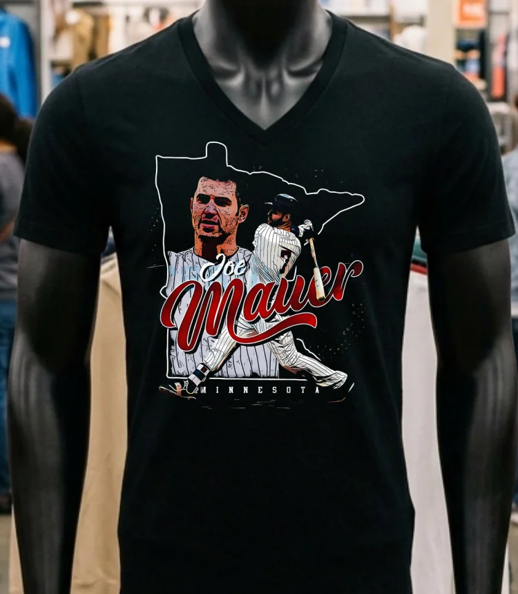 Joe Mauer Minnesota Twins State Silhouette Vintage Baseball Shirt - balck-shirt Joe Mauer Minnesota Twins State Silhouette Vintage Baseball Shirt Balck Shirt