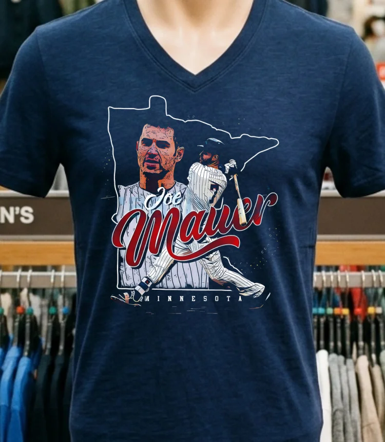Joe Mauer Minnesota Twins State Silhouette Vintage Baseball Shirt Navy Shirt