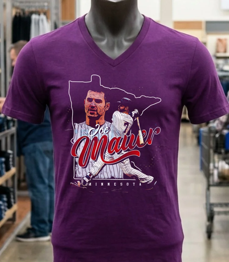 Joe Mauer Minnesota Twins State Silhouette Vintage Baseball Shirt - purple-shirt Joe Mauer Minnesota Twins State Silhouette Vintage Baseball Shirt Purple Shirt