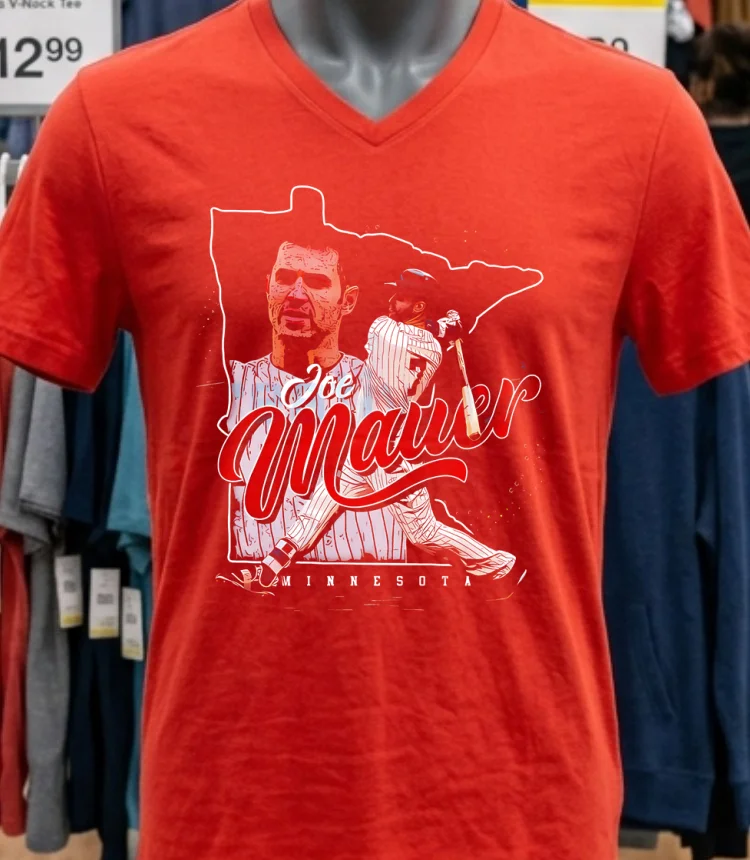 Joe Mauer Minnesota Twins State Silhouette Vintage Baseball Shirt - red-shirt Joe Mauer Minnesota Twins State Silhouette Vintage Baseball Shirt Red Shirt