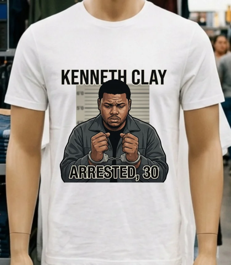 Kenneth Clay, 30, Was Arrested By Police T Shirt - white-t-shirt Kenneth Clay 30 Was Arrested By Police T Shirt White T Shirt 1
