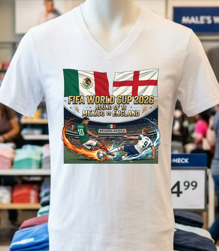 Mexico Vs England In The Round Of 16 Of The 2026 World Cup T Shirt - white-t-shirt Mexico Vs England In The Round Of 16 Of The 2026 World Cup T Shirt White T Shirt 3