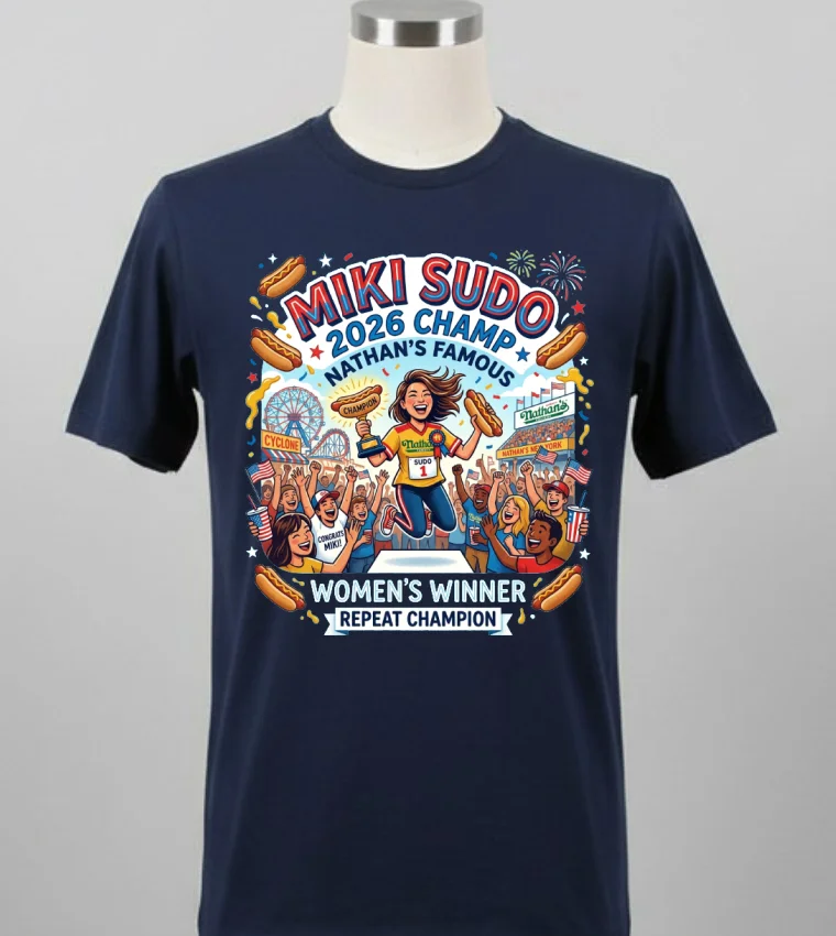 Miki Sudo Repeats As Women's Hot Dog Eating Champ In Nathan's Famous Contest 2026 T Shirt - balck-shirt Miki Sudo Repeats As Womens Hot Dog Eating Champ In Nathans Famous Contest 2026 T Shirt Balck Shirt