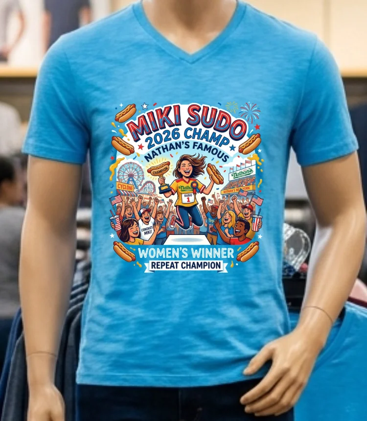 Miki Sudo Repeats As Womens Hot Dog Eating Champ In Nathans Famous Contest 2026 T Shirt Blue Shirt