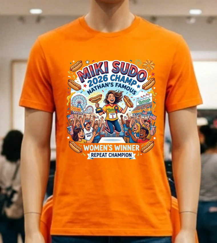 Miki Sudo Repeats As Women's Hot Dog Eating Champ In Nathan's Famous Contest 2026 T Shirt - orange-shirt Miki Sudo Repeats As Womens Hot Dog Eating Champ In Nathans Famous Contest 2026 T Shirt Orange Shirt