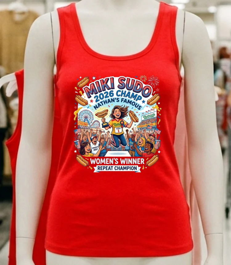 Miki Sudo Repeats As Women's Hot Dog Eating Champ In Nathan's Famous Contest 2026 T Shirt - red-shirt Miki Sudo Repeats As Womens Hot Dog Eating Champ In Nathans Famous Contest 2026 T Shirt Red Shirt