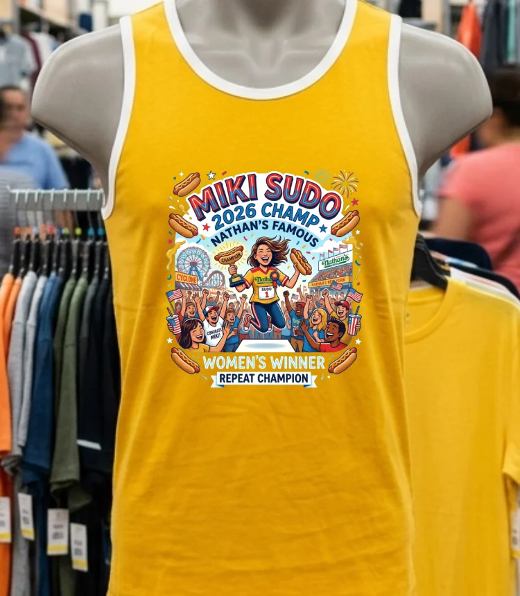 Miki Sudo Repeats As Women's Hot Dog Eating Champ In Nathan's Famous Contest 2026 T Shirt - yellow-t-shirt Miki Sudo Repeats As Womens Hot Dog Eating Champ In Nathans Famous Contest 2026 T Shirt Yellow T Shirt 1