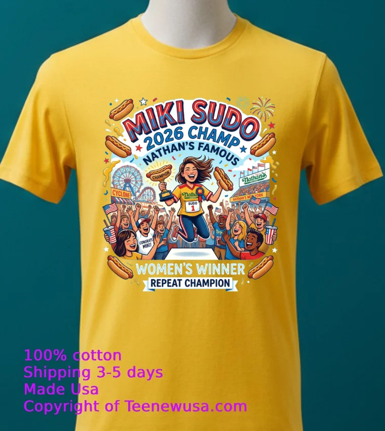 Miki Sudo Repeats As Women's Hot Dog Eating Champ In Nathan's Famous Contest 2026 T Shirt - yellow-t-shirt 2 Miki Sudo Repeats As Womens Hot Dog Eating Champ In Nathans Famous Contest 2026 T Shirt Yellow T Shirt 2