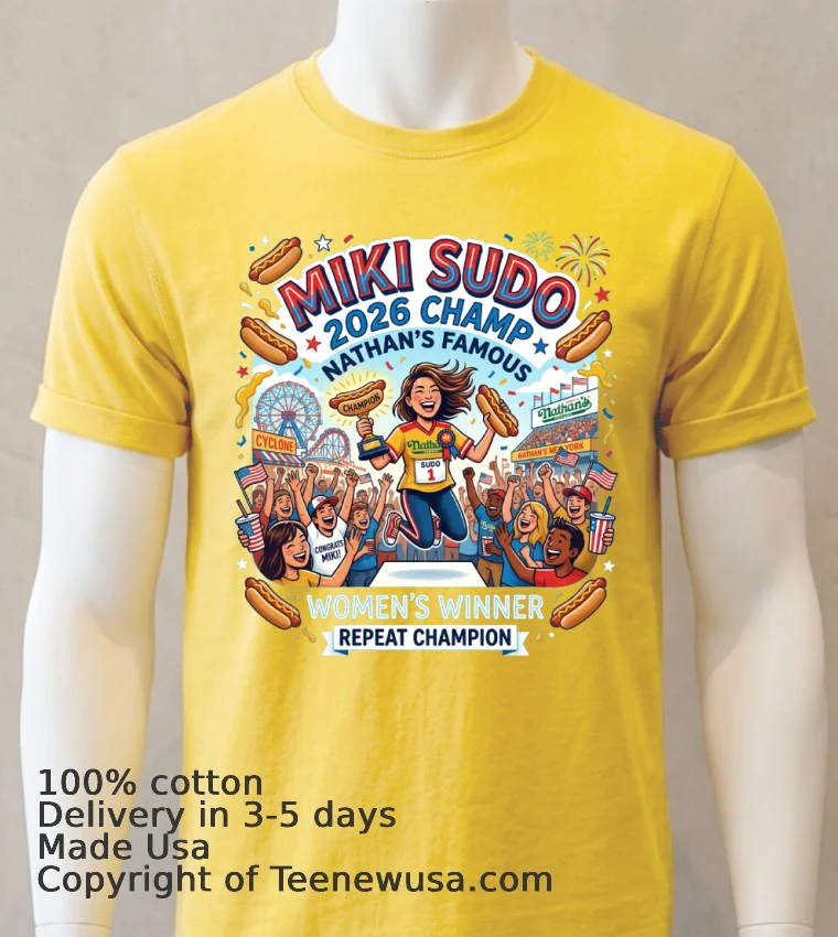 Miki Sudo Repeats As Women's Hot Dog Eating Champ In Nathan's Famous Contest 2026 T Shirt - yellow-t-shirt Miki Sudo Repeats As Womens Hot Dog Eating Champ In Nathans Famous Contest 2026 T Shirt Yellow T Shirt