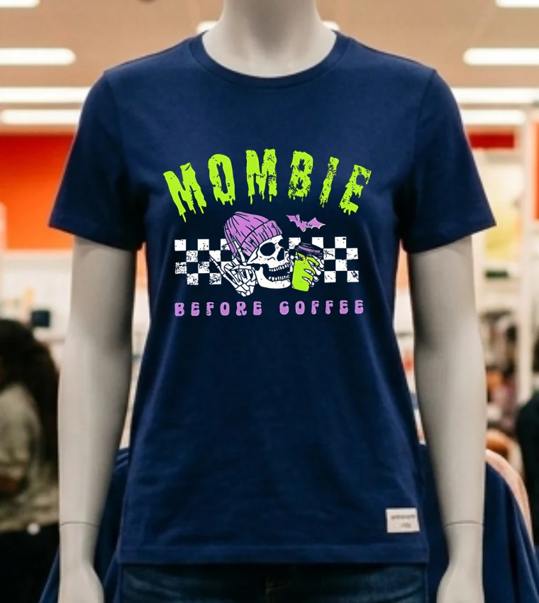 Mombie Before Coffee Spooky Mama Halloween Shirt Navy Shirt 2