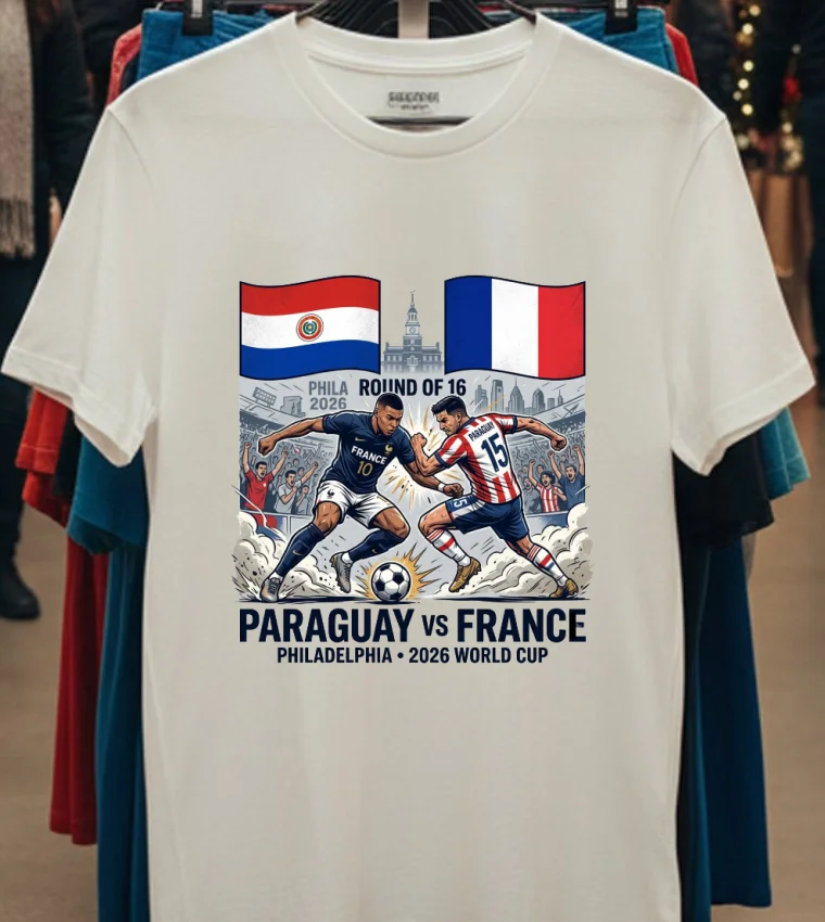 Paraguay Vs France In The Round Of 16 Of The 2026 World Cup In Philadelphia T Shirt - white-t-shirt Paraguay Vs France In The Round Of 16 Of The 2026 World Cup In Philadelphia T Shirt White T Shirt