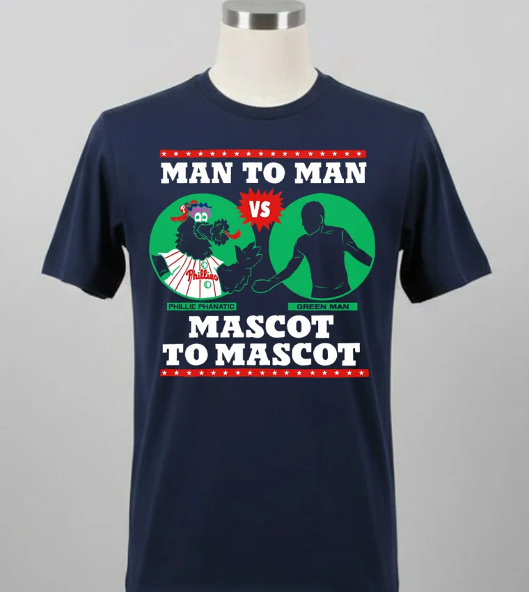 Philadelphia Phillies Man To Man Phillie Phanatic Vs Green Man Mascot To Mascot Shirt - balck-shirt Philadelphia Phillies Man To Man Phillie Phanatic Vs Green Man Mascot To Mascot Shirt Balck Shirt 1