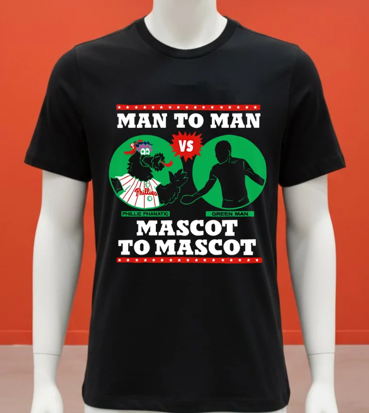 Philadelphia Phillies Man To Man Phillie Phanatic Vs Green Man Mascot To Mascot Shirt - balck-shirt Philadelphia Phillies Man To Man Phillie Phanatic Vs Green Man Mascot To Mascot Shirt Balck Shirt
